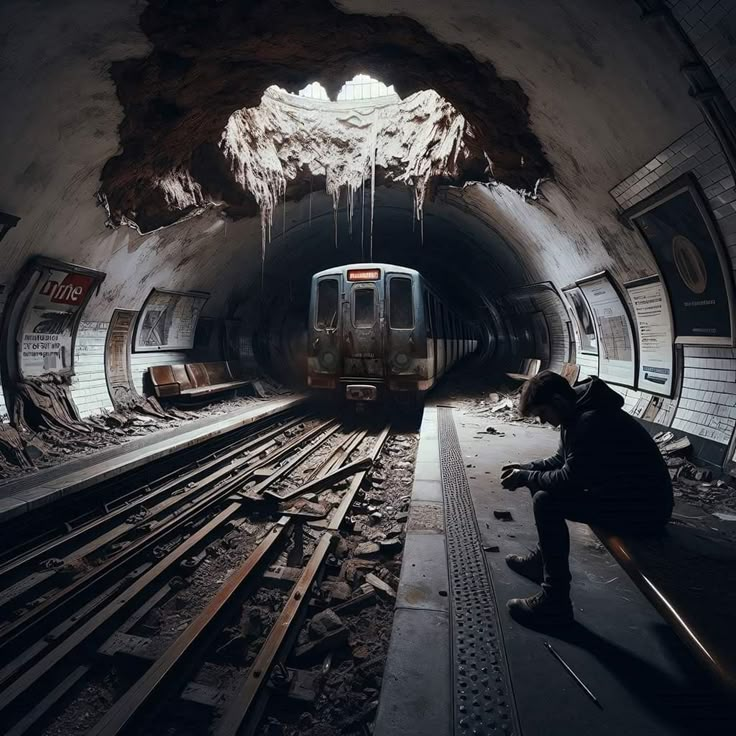 a person sitting on a bench in a tunnel with train tracks and a subway car