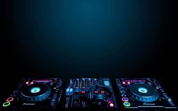 three decks of dj equipment in front of a black background