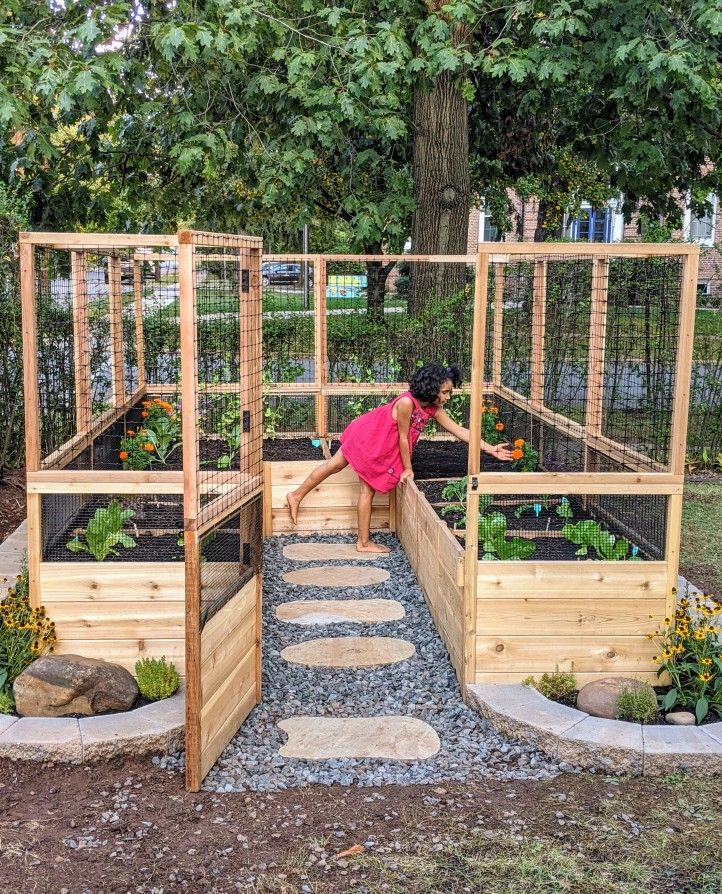 Cute Raised Bed Garden Ideas, Raised Garden Enclosure, Vegetable Garden Bed Ideas, Building A Garden Bed, Backyard Garden Boxes Raised Beds, Raised Beds With Fence, At Home Garden Raised Beds, Planter Box Layout, Garden With Fence And Gate