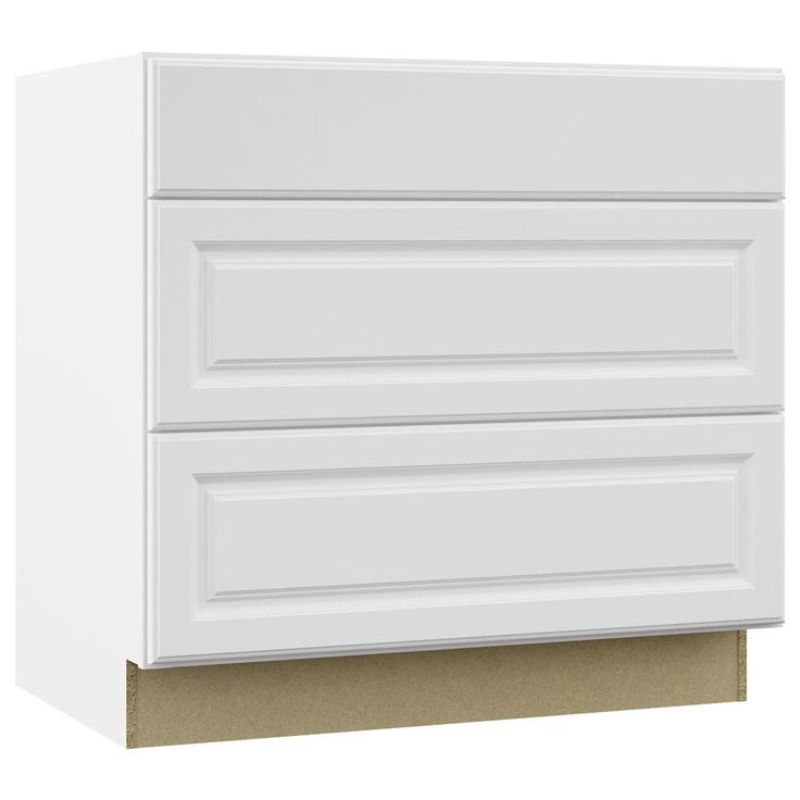 Assembled 36x34.5x24 in. Hampton Pots and Pans Drawer Base Cabinet in Satin White Pots And Pans Drawer, Pans Drawer, Home Depot Cabinets, Lowes Kitchen Cabinets, Lowes Kitchen, Maine Kitchen, Stock Kitchen Cabinets, Raised Panel Cabinets, Transitional Cabinets