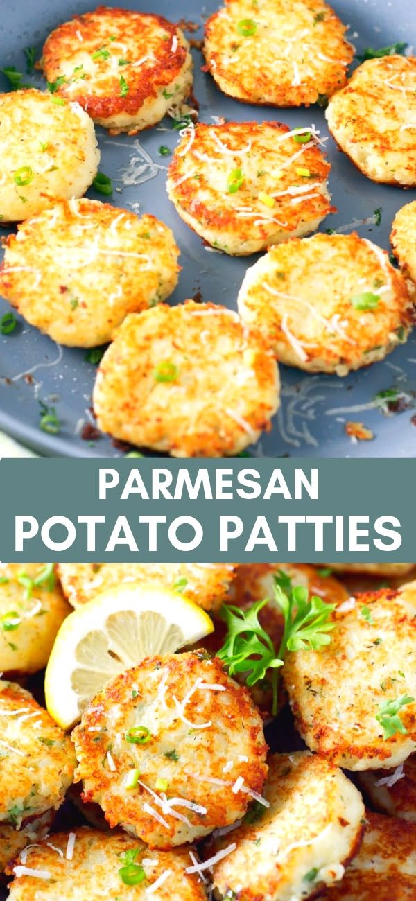 parmesan potato patties on a plate with lemon wedges