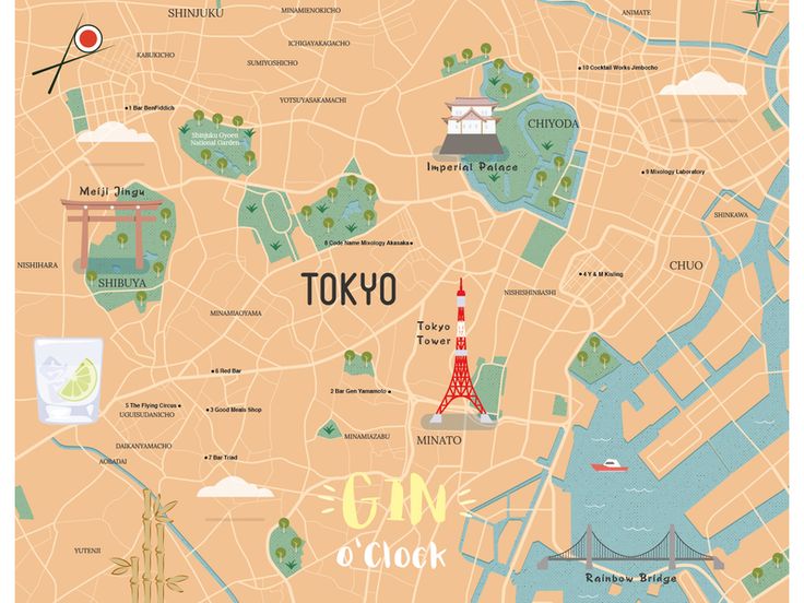 an illustrated map of tokyo, japan with the names of major tourist attractions in english and japanese