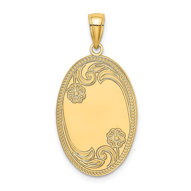 14K Yellow Gold Solid Polished Finish Oval Shape Design Engraveable Center Pendant Engraved Cross, Silver Picture Frames, Floral Pendant, Braided Leather Bracelet, Rose Jewelry, Personalized Monogram, Oval Pendant, Gold Texture, Fine Jewellery Necklace