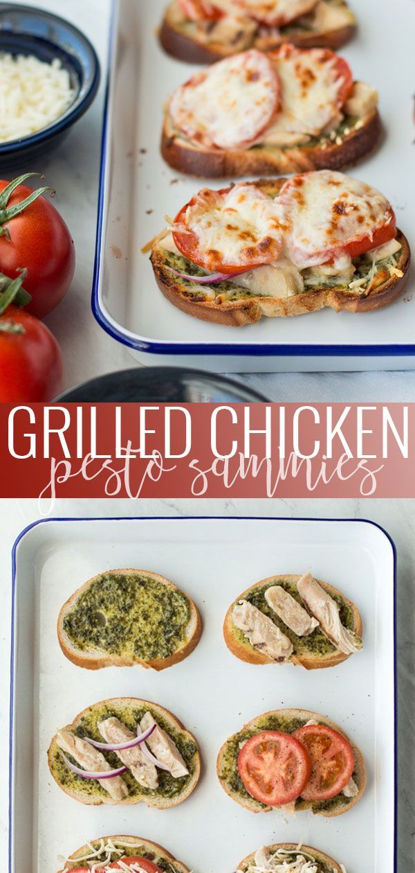 grilled chicken pesto sandwiches with tomatoes, cheese and herbs on the side are ready to be served