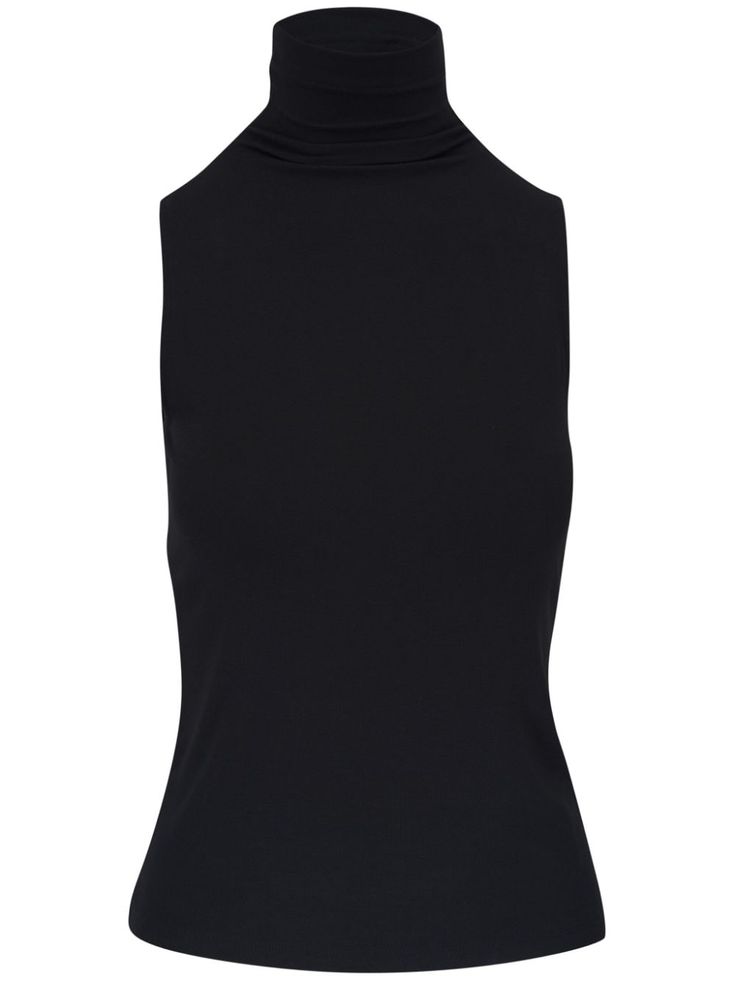 black modal blend high neck sleeveless straight hem Black Fitted Top Outfit, High Neck Sleeveless Top, High Neck Sleeveless, Mock Neck Top, Black Turtleneck, Black Sleeveless, Black Fits, Black Top, Workout Tops