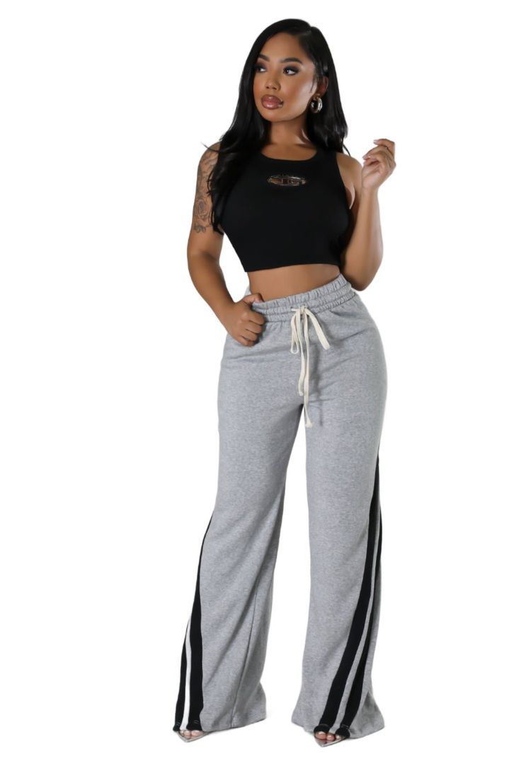 Drawstring Sweatpants with Striped Tape Patch - Mabel Love Co - Drawstring Sweatpants Casual Jogging Pants With Three Stripes, Trendy Leisure Joggers With Drawstring, Sportswear Sweatpants With Three Stripes For Loungewear, Jogging Pants With Drawstring, Sporty Jogging Bottoms With Drawstring, Trendy Drawstring Sweatpants For Jogging, Casual Stretch Bottoms With Contrast Stripes, Wide Leg Sweatpants With Side Stripes For Loungewear, Wide Leg Athleisure Joggers For Leisure