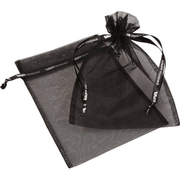 a black mesh bag with a bow on it