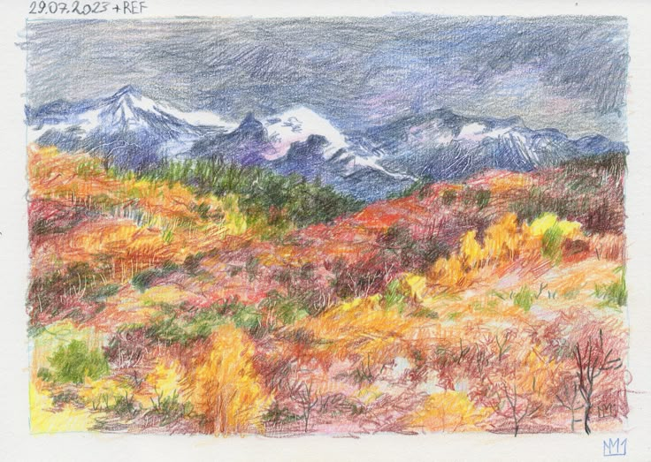 a colored pencil drawing of mountains in the fall with trees and bushes on either side