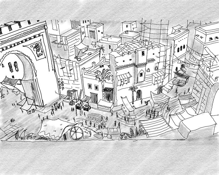 a drawing of a city with lots of buildings