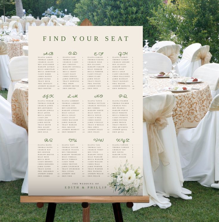 a seating chart for a wedding with white linens and flowers on the table cloth