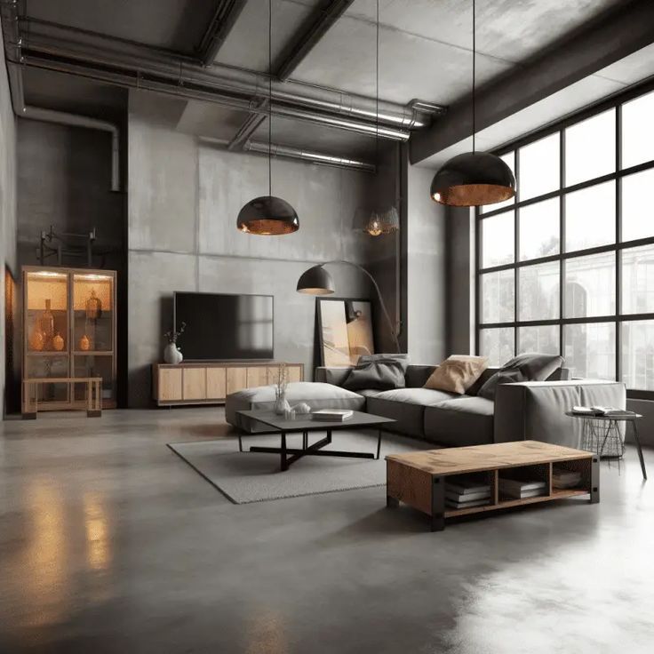 an industrial living room with large windows and modern furniture in grey tones, including a sectional sofa