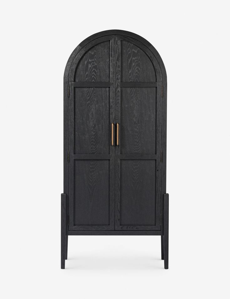 an arched wooden cabinet with two doors and one door open, on a white background