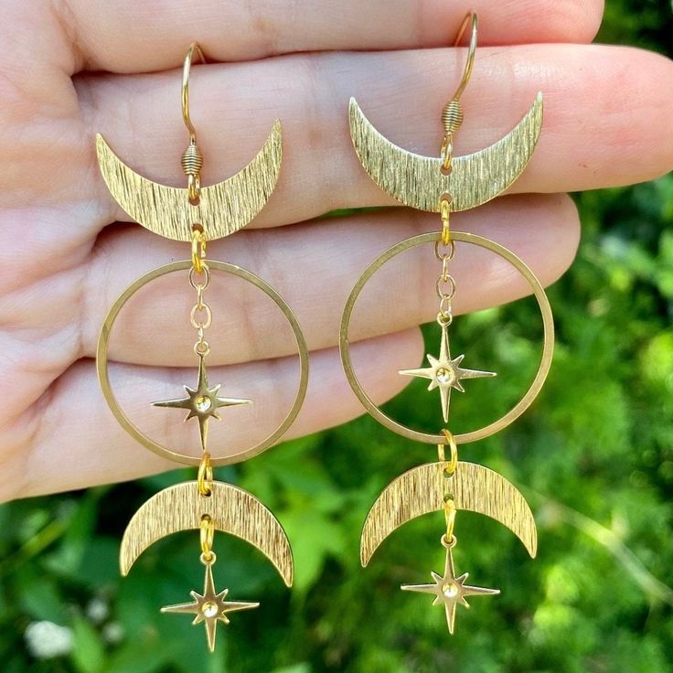 Handmade 14k gold plated crescent moon and star earrings on 18k gold plated ear wires🌙 Length: 8 cm  Should you have any questions please feel welcome to send me a message✨ Nickel Free Crescent Celestial Jewelry, 14k Gold Filled Crescent Earrings As Gift, Handmade Celestial Gold Jewelry, Symbolic Drop Earrings With Moon Charm, Gold Earrings With Moon Charm As Gift, Pierced Gold Plated Crescent Jewelry, Handmade Gold Crescent Jewelry, Gold Plated Crescent Pierced Jewelry, Handmade Celestial Gold Plated Jewelry