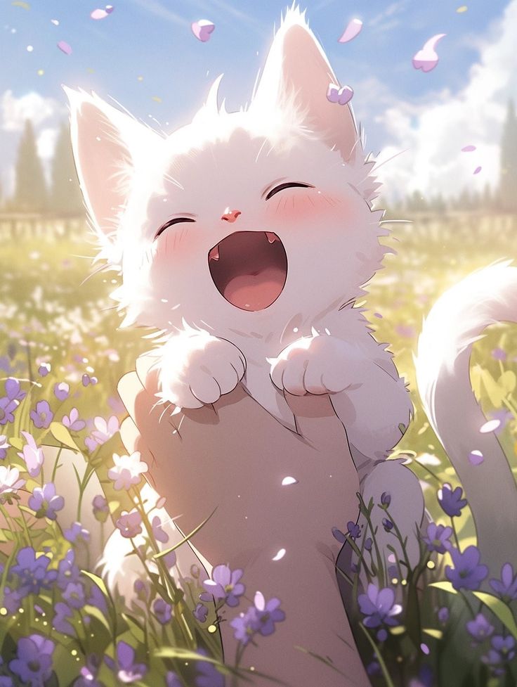 a white cat with its mouth open standing in the middle of purple flowers and grass