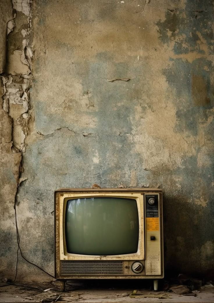 an old tv sitting on top of a wooden table in front of a dirty wall