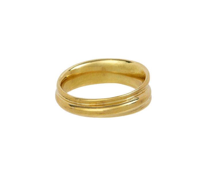 With its earthy, asymmetrical design and rich, warm toned gold, this Ten Thousand Things band exudes a timeless sophistication. The polished, buttery 18K yellow gold band has a three-tiered surface that sticks out in opposite directions and widens slightly along the finger. It is a modern, elegant alternative to the traditional band. 18K yellow gold band width : 4mm to 6mmsize available : 6.25please contact us for sizing options Gold Double Band Rings For Formal Occasions, Formal Gold Double Band Ring, Timeless Gold Double Band, Elegant Gold Double Band, Elegant Yellow Gold Double Band, Timeless Gold Bands With Decorative Design, Yellow Gold Double Band Wedding Rings, Modern Double Band In Yellow Gold, Gold Bands For Formal Occasions With Open Band Shape