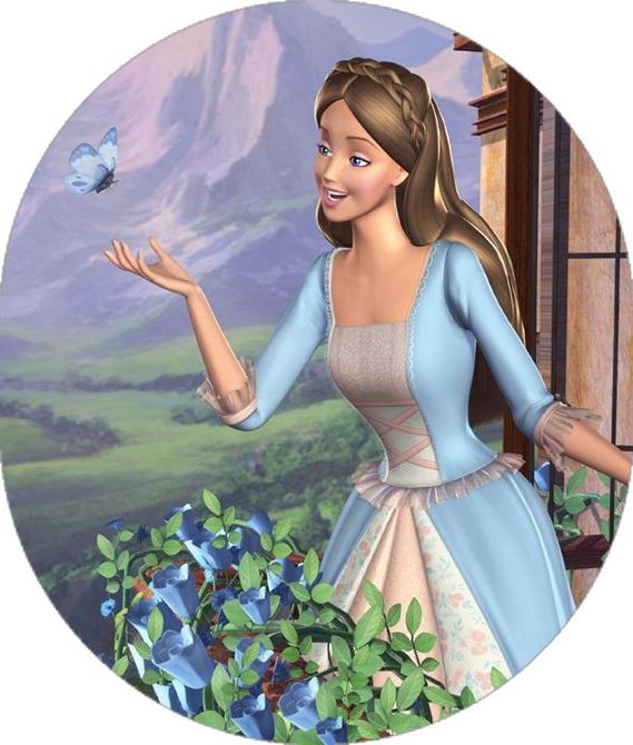 a girl in a blue dress is holding out her hand to a butterfly that is flying above her