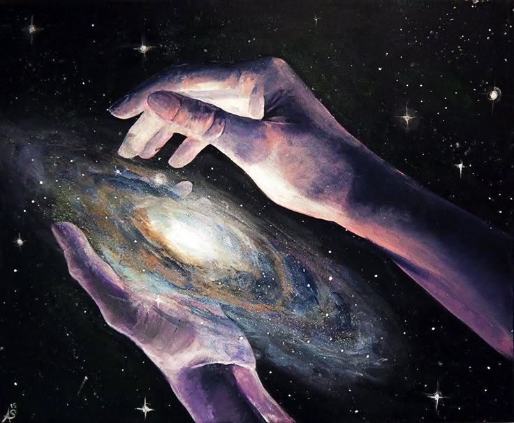 two hands reaching towards each other with stars in the background