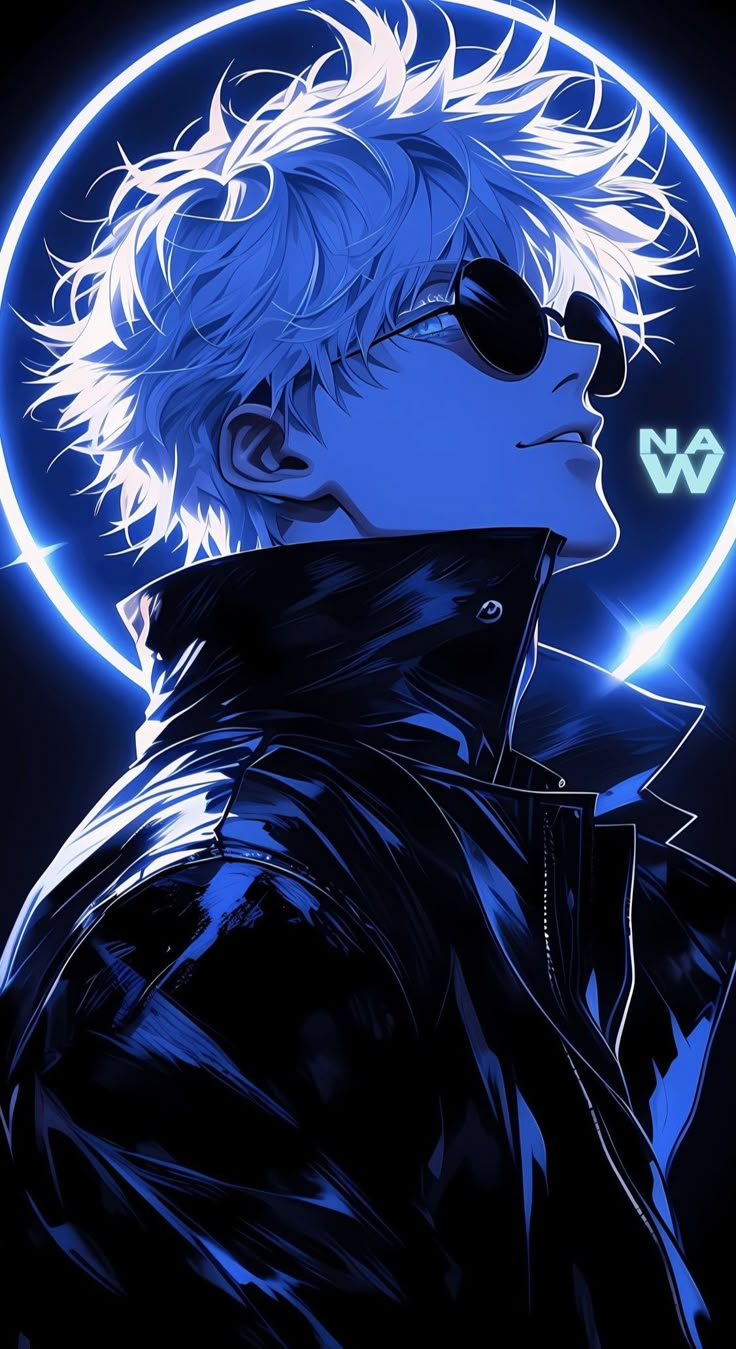 a man with sunglasses and a black jacket in front of a neon blue circular background