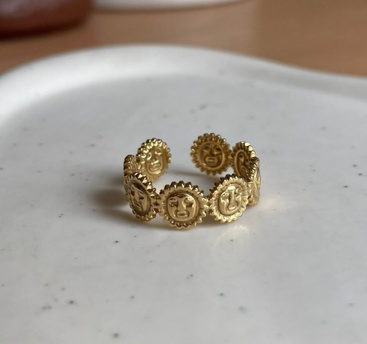 Sunny Faces Adjustable Ring, Sun Faces 18k Gold Plated Ring, Boho Sun Ring - Etsy Plated Gold Ring, Gold Adjustable Ring, Boho Rings Aesthetic, Gold Crystal Ring, Funky Gold Rings, Boho Gold Rings, Gold Sun Ring, Chunky Ring Stack, Mexican Gold Rings