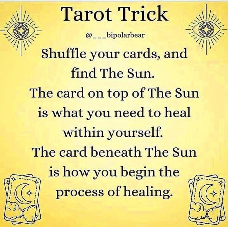 the tarot trick is written in black and white on a yellow background with sun symbols