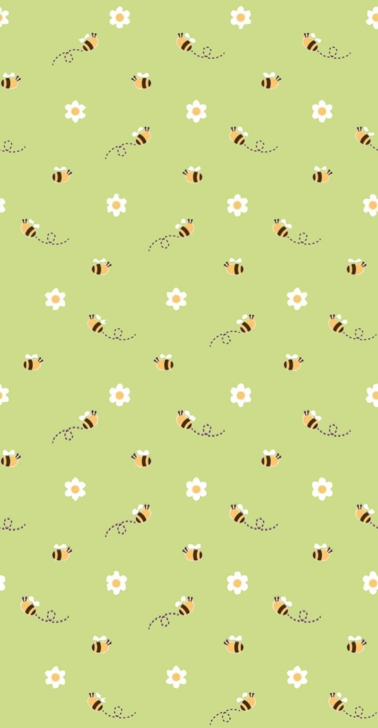 a green background with bees and daisies on the bottom half of it, as well as small white flowers