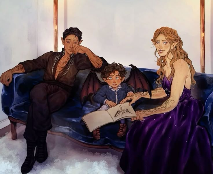 a man and woman sitting on a blue couch with a young boy next to them