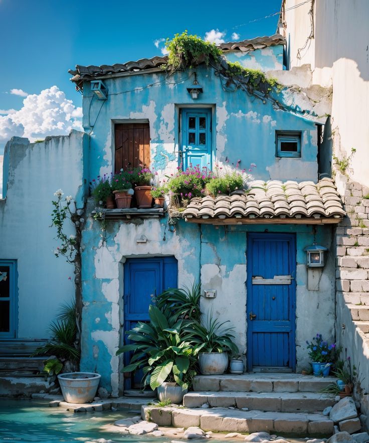 an old building with blue doors and steps leading up to the front door that has potted plants on it