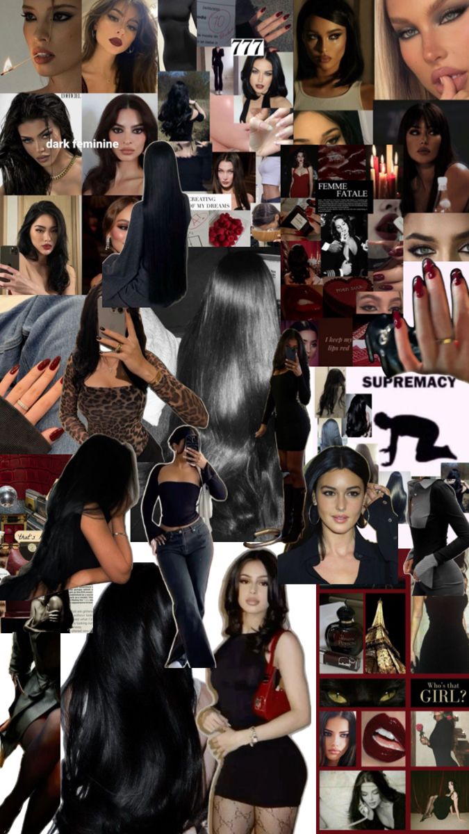 the collage shows many different images of women with long, black hair and makeup