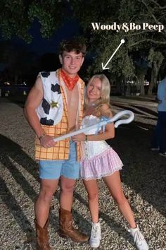 a man and woman are dressed up as woody and his cowgirl costume for halloween