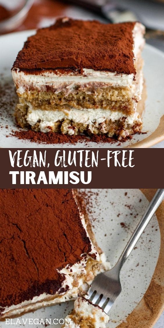 a piece of vegan gluten - free tiramus cake on a plate with a fork