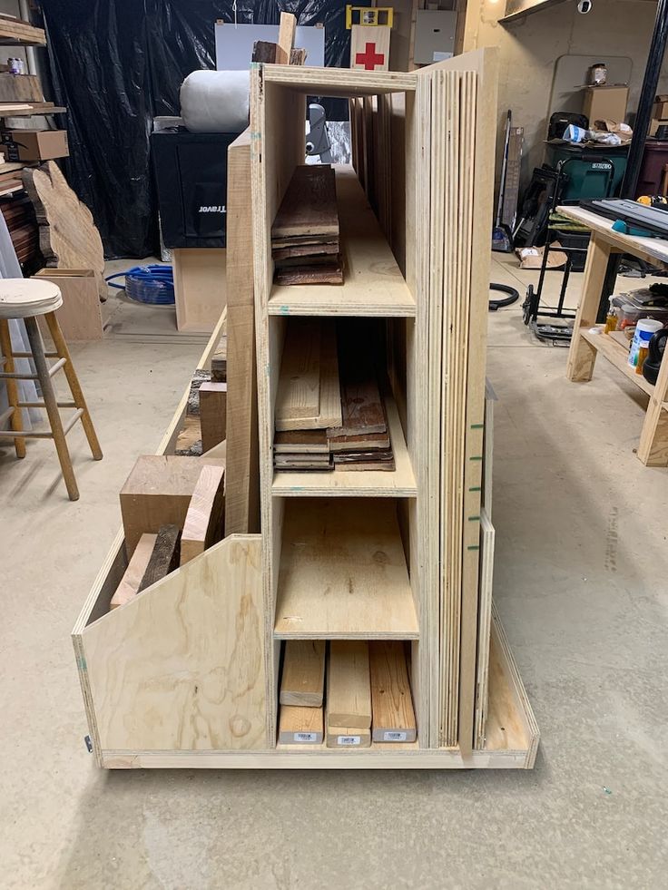 the shelves are made out of plywood and wood