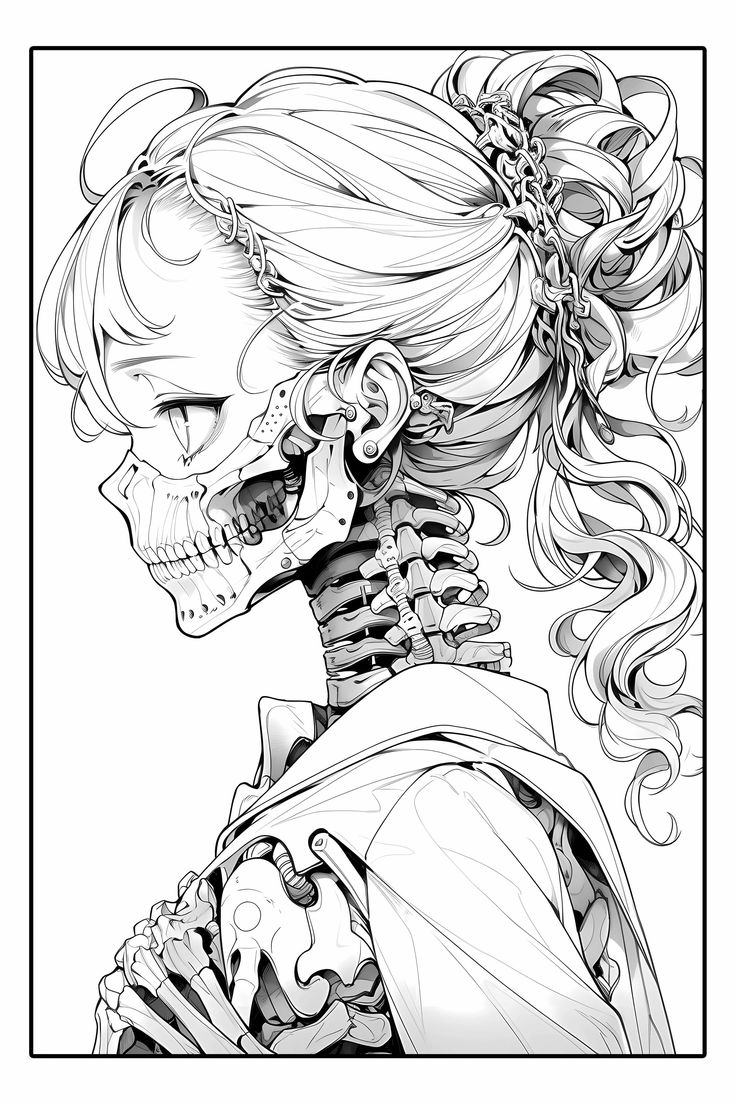 a drawing of a skeleton girl with long hair