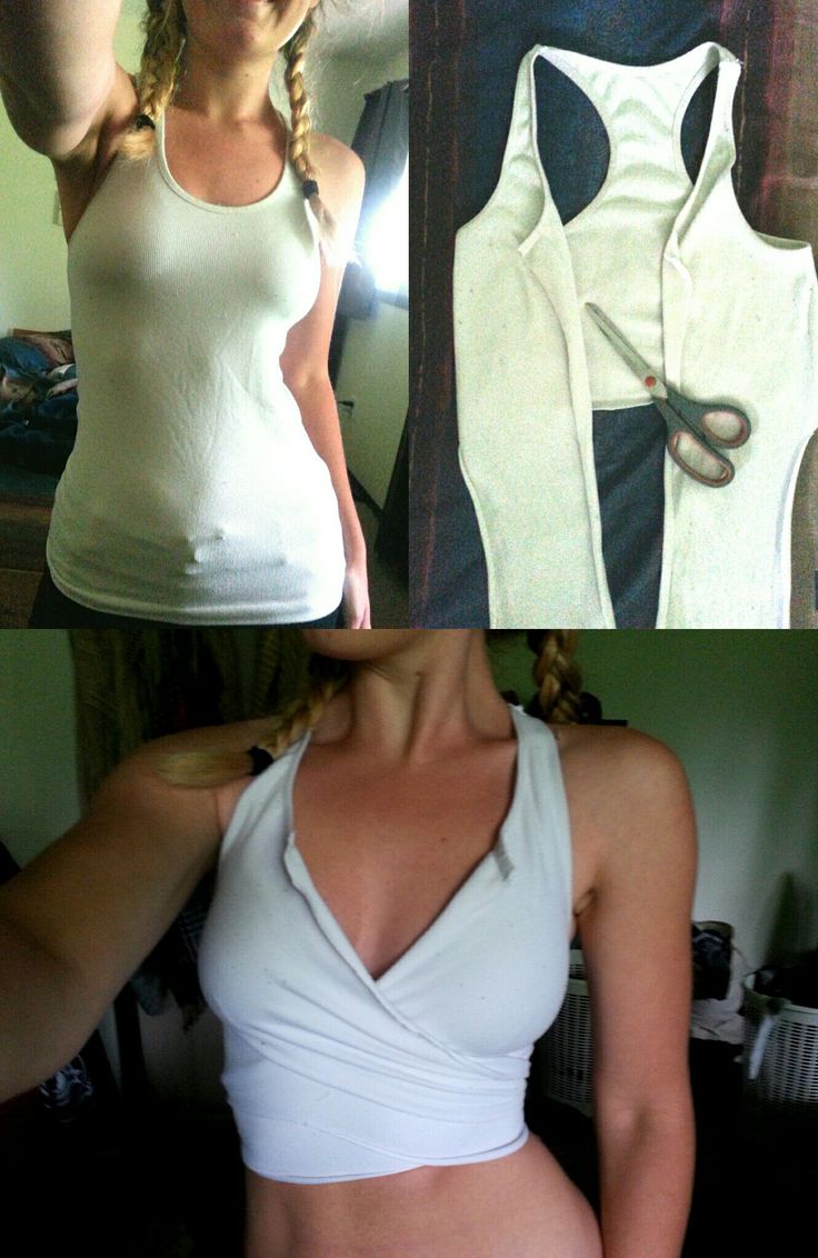 Turn Tank Top Into Crop Top, How To Make Your Tank Top Tighter, Turning T Shirt Into Tank Top, T Shirt To Halter Top, Diy Clothes From Old Clothes, No Sew T Shirt Hacks, Top Alterations Ideas, How To Make A Shirt Tighter Fit, Upcycling Crop Tops