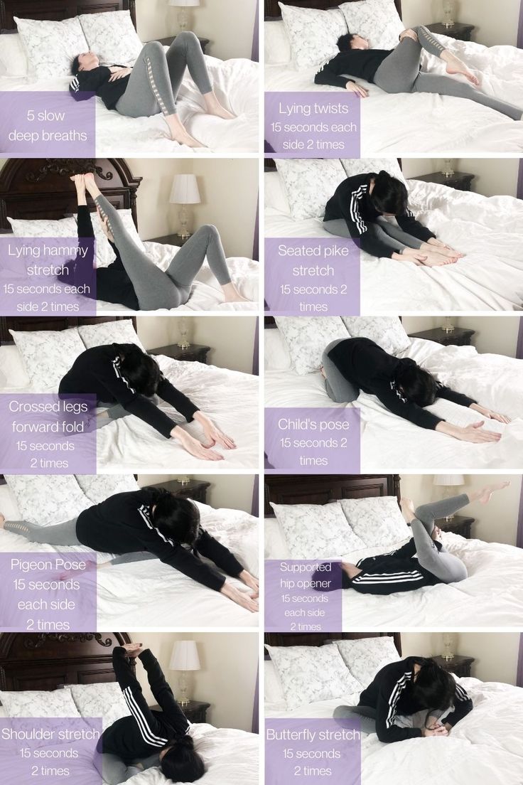 a woman laying on top of a bed with her legs spread out in different positions