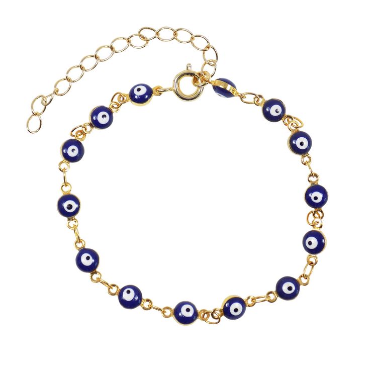 Our Best Seller Bracelet is now available in Blue Eyes! Cute and tiny Dark Blue Mini Evil Eye Bracelet or Bracelet. The meaning of blue bead color: Is the color of evil eye protection. The traditional color for good karma, positive energies, and protection against the evil eye. DETAILS: - Dark blue enamel evil eye, gold plated over brass chain - Length: Available in 6 7, 8, and 9 inches, plus 1.5 inches of extender chain. - Beads size 4.6 mm approx.  - Gold Plated Lobster Clasp NOTE: The last picture is to show the Anklet on a model, but the color you will receive is blue. To see the multicolor anklet please go to this link:  https://www.etsy.com/listing/492092830/evil-eye-bracelet-multi-color-evil-eye?ref=shop_home_feat_1&frs=1 ------------------------ GIFT MESSAGE If you want to include Blue Metal Bracelets With Evil Eye, Blue Metal Bracelet With Evil Eye, Blue Evil Eye Metal Bracelet, Blue Charm Bracelet With Adjustable Chain, Adjustable Blue Metal Chain Bracelet, Dainty Blue Bracelet With Adjustable Chain, Blue Metal Bracelets For Beach, Blue Dainty Anklets For Gift, Blue Bracelets With Extender As Gift