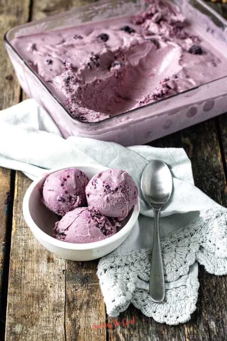 two scoops of ice cream in a bowl on a wooden table with a spoon