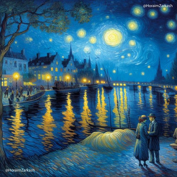 a painting of two people standing next to each other in front of a river at night