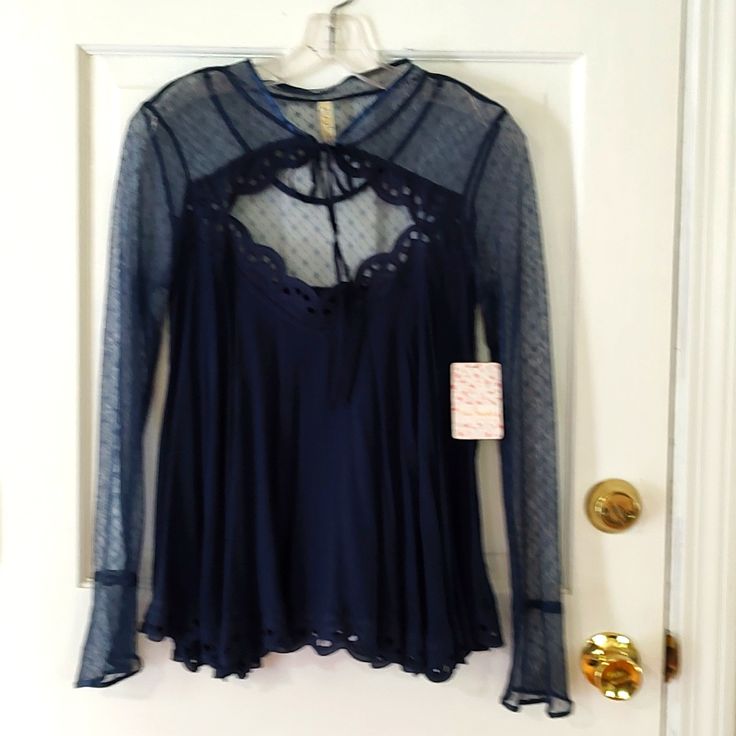 This Gorgeous Free People Size Small Blouse Has A Sexy Plunging Neck With Lace All Over And Cutouts At The Hem. Flowing And Wonderful! New With Tags. I Paid Full Price, You Won't Have To! Non Smoking Home. Blue Stretch Tops With Sheer Sleeves, Blue Sheer Stretch Mesh Top, Fitted Blue Mesh Top With Long Sleeves, Blue Fitted Long Sleeve Mesh Top, Fitted Blue Long Sleeve Mesh Top, Blue Sheer Mesh Top For Party, Blue Stretch Long Sleeve Mesh Top, Blue Stretch Mesh Top With Long Sleeves, Blue Long Sleeve Blouse For Date Night