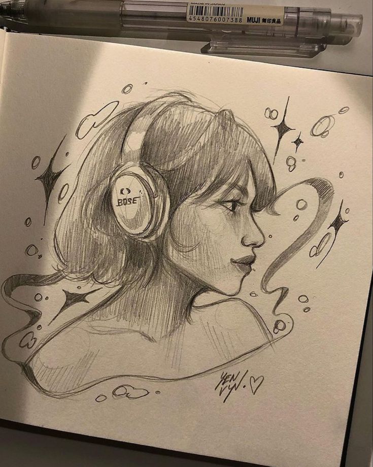 a drawing of a woman with headphones on