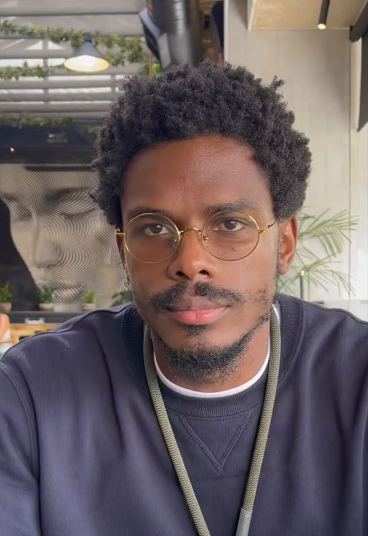 4c Hair Men Hairstyles, Black Men Glasses Style, Black Men Mustache Styles, Man Glasses Aesthetic, Nerdy Black Men, Natural Hair Styles Men, Wattpad Face Claims Male, Mustache Black Men, Black Boy With Glasses