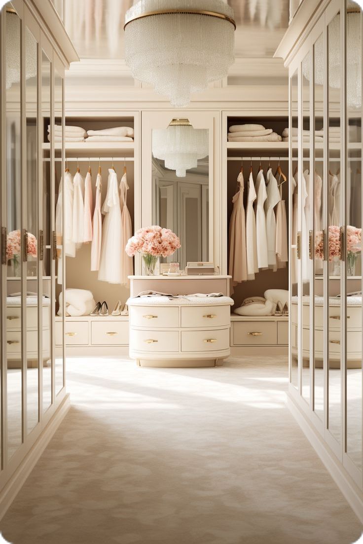 a white closet filled with lots of clothes and flowers on top of it's shelves