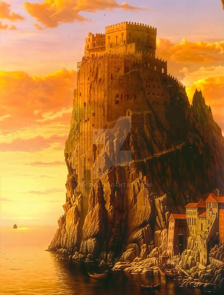 a castle sitting on top of a mountain next to the ocean