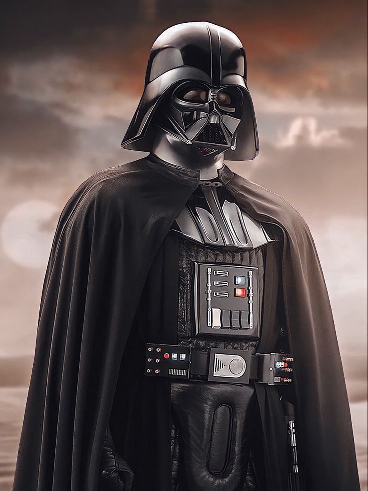 darth vader from star wars standing in front of a dark sky with clouds