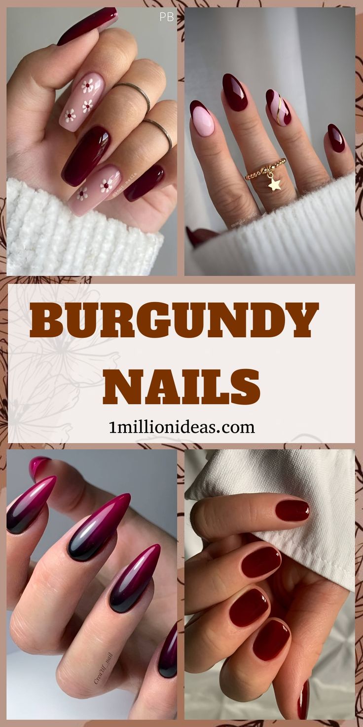 Burgundy nails are sultry, elegant, and dramatic. They can charm anyone at first sight. This rich plum red reminds us of our favorite things in life: passion, love, and fine wine! Burgundy isn’t as bright as classic red, but it’s just as appealing and striking as any other popular nail polish color. This shade is perfect for ladies with refined tastes. September Nails Burgundy, Nail Designs Maroon Burgundy, Crimson Nails Acrylic, Wine Nails Designs Burgundy, Wine Nails Designs, Wine Red Almond Nails, Burgundy Matte Nails, Fall Nails Burgundy, Red Almond Nails