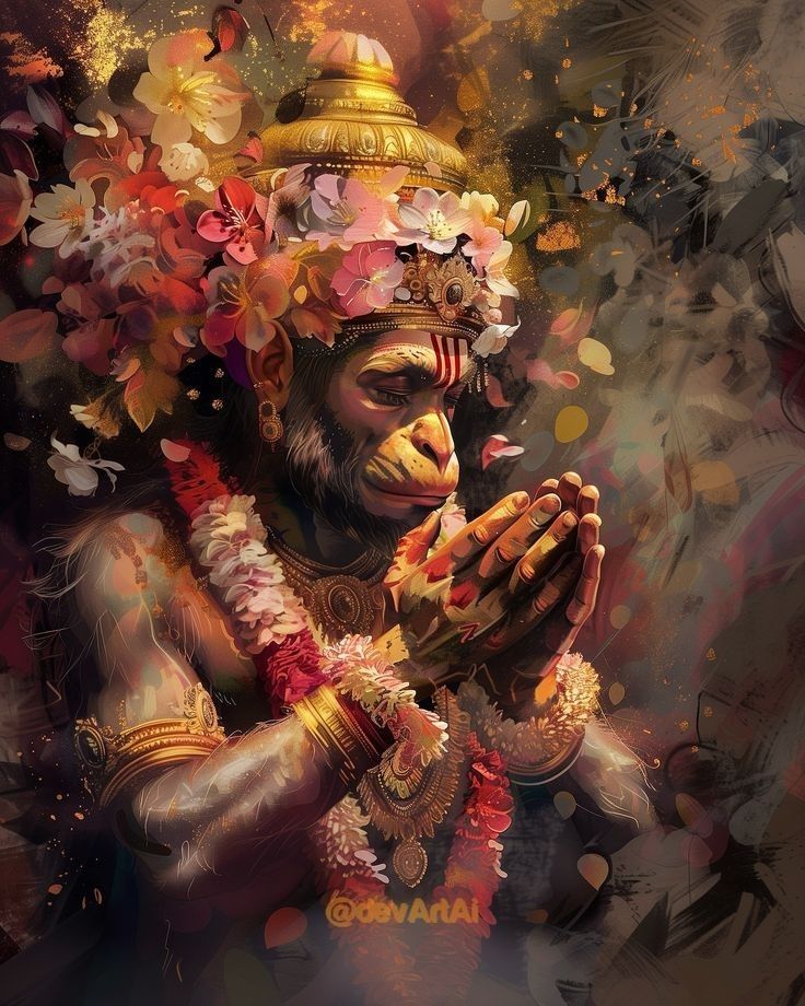 an artistic painting of a monkey with flowers on his head and hands in front of him