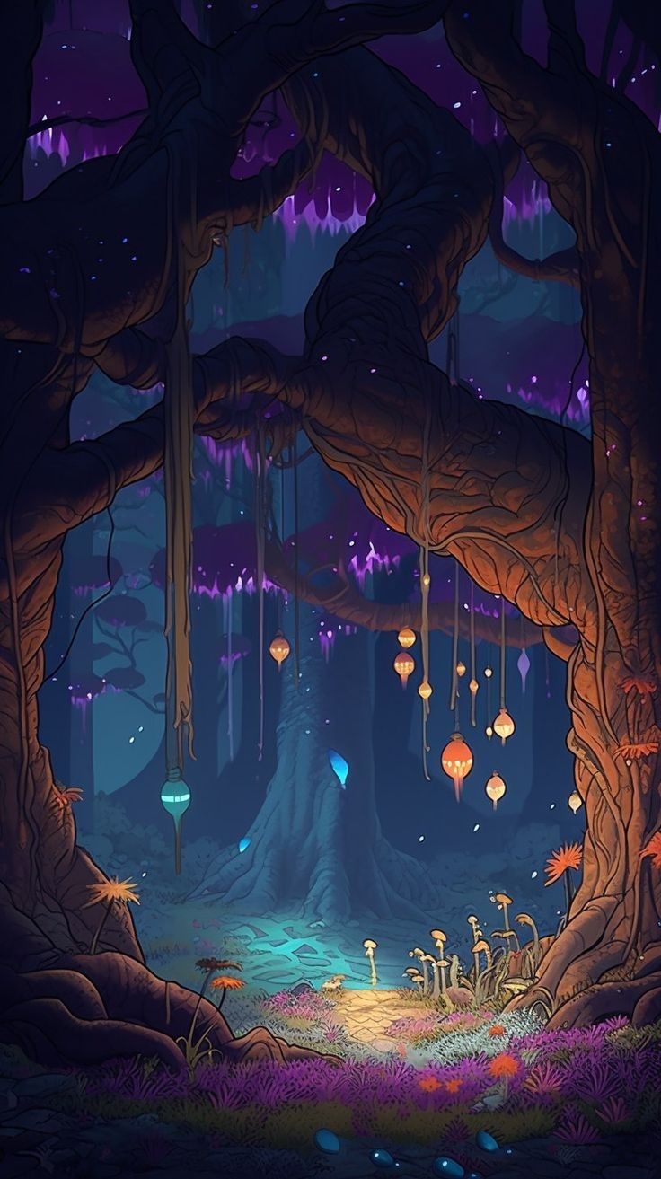 an illustration of a forest with lanterns hanging from the trees and mushrooms on the ground