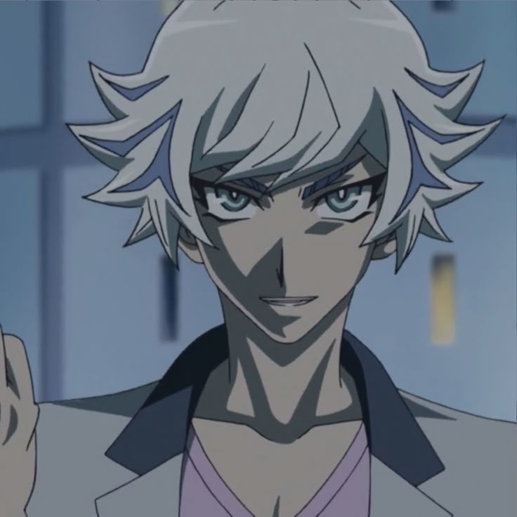 an anime character with white hair and blue eyes giving the peace sign in front of him