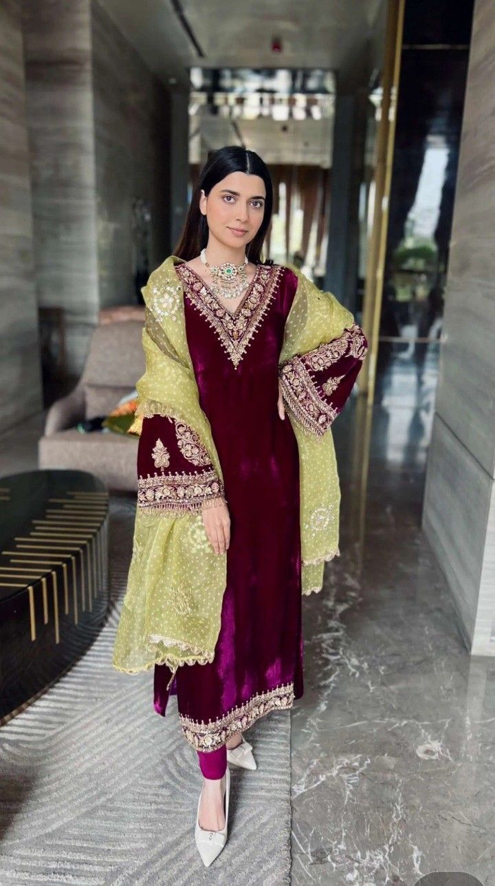 Velvet dresses for girls, Winter Dress Pakistani Party Suits, Winter Fashion Outfits Indian Suit, New Velvet Suit Designs, Velvet Suit Design Party Wear, Pakistani Suit Velvet, Pakistani Velvet Suits Party Wear Stylish, Maroon Combination Outfit, Black Suit Combinations For Women, Velvet Garara Suit Design