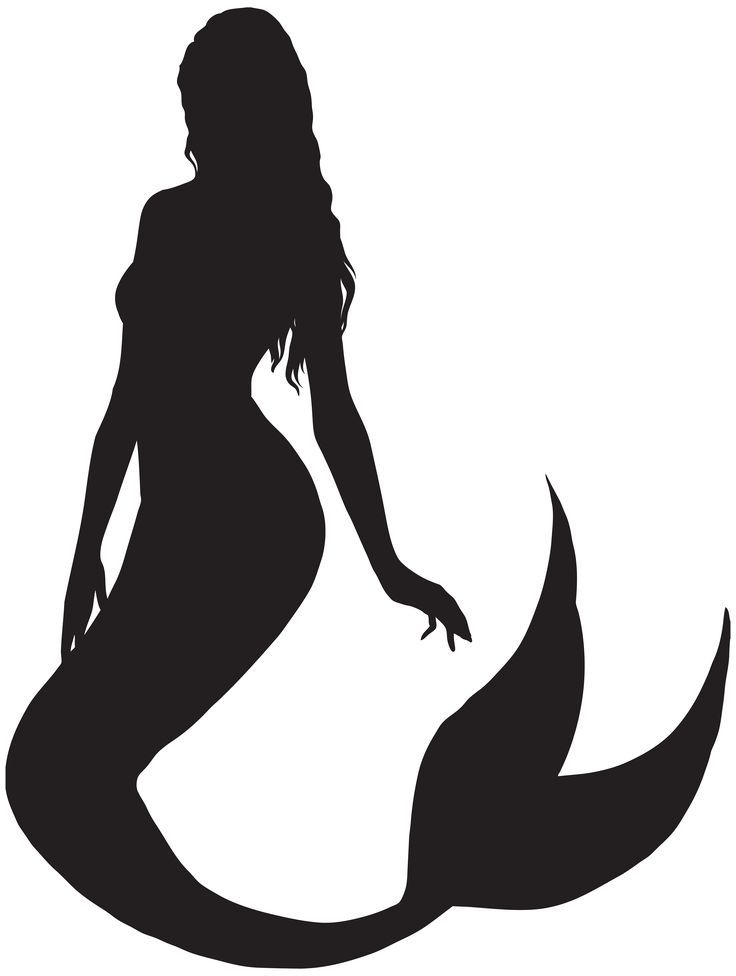 the silhouette of a mermaid with long hair and tail, standing in front of a white background